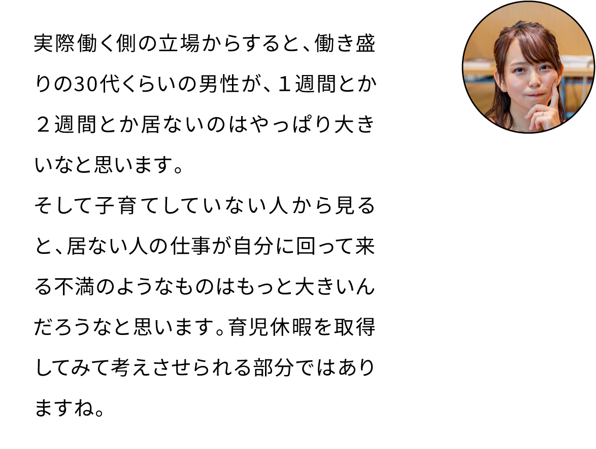 実際働く側の立場からすると、働き盛りの30代くらいの男性が、１週間とか２週間とか居ないのはやっぱり大きいなと思います。そして子育てしていない人から見ると、居ない人の仕事が自分に回って来る負担のようなものはもっと大きいんだろうなと思います。育児休暇を取得してみて考えさせられる部分ではありますね。